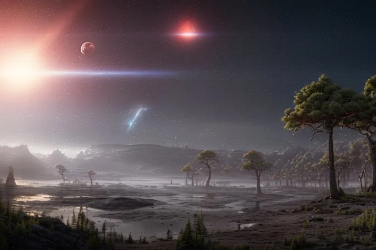 Epic space landscape with meteors in the horizon, trees, distant spaceships, and rocks foreground, 4k