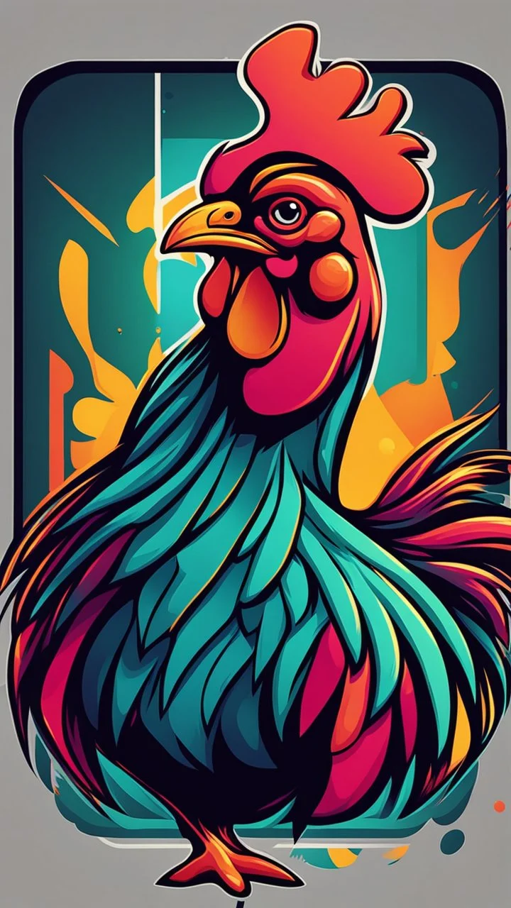 Design a vibrant, gaming-influenced logo of a chicken, featuring bright colors and a dynamic lighting scheme. Incorporate abstract shapes and textures to create an eye-catching composition.