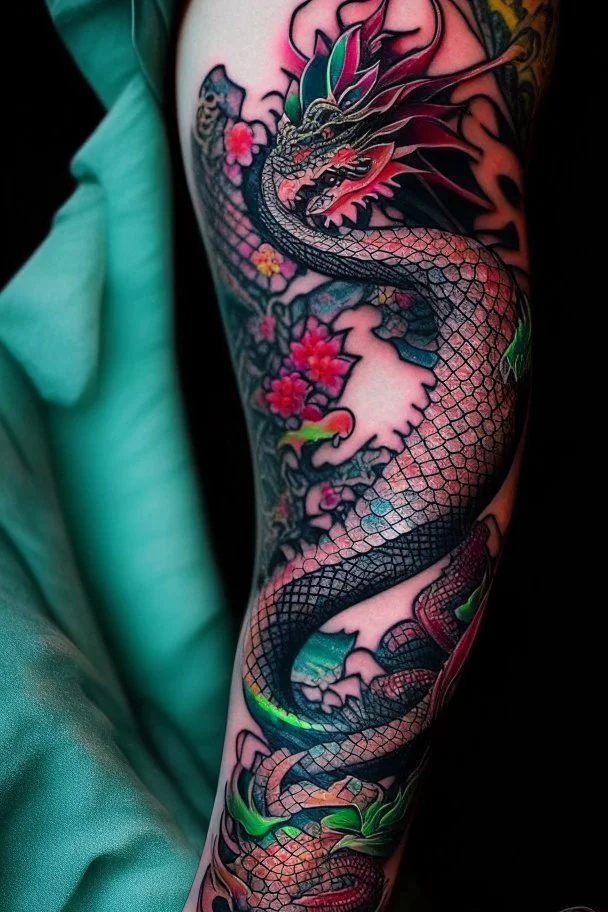 thigh stylized dragon tatoo, stylized snake tatoo wrapped in the things, leg focus, thigh focus