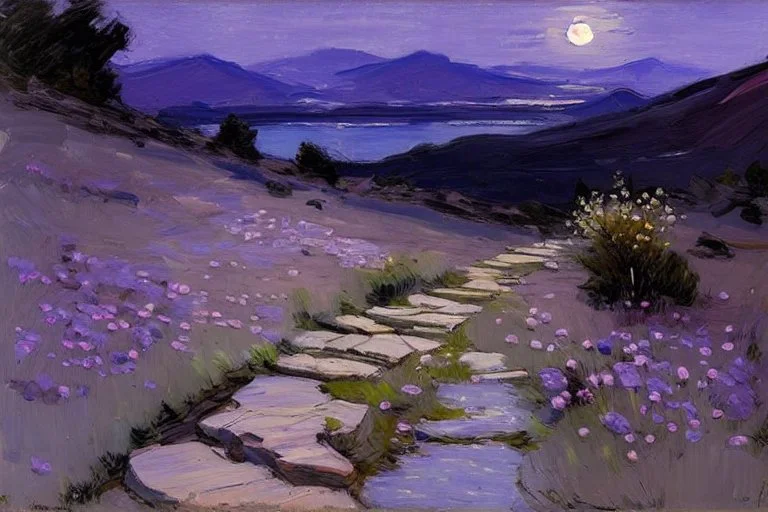 Night, purple flowers, pathway, mountains, rocks, little puddle, theodore robinson impressionism painting