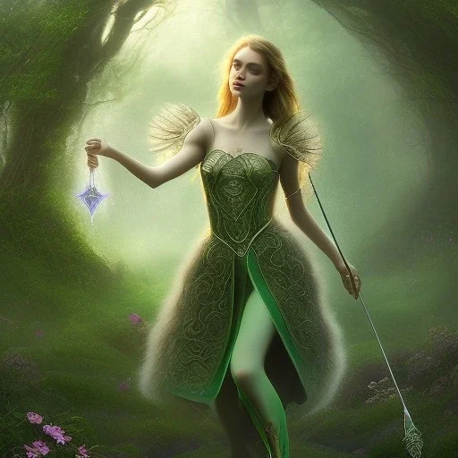 delicate hands with magic sceptre, halo, portrait of radiant celtic in wonderland, fast walker, as a brunette young cute feminine woman, short hair, green forest ruins background, pond, mega flowers,peacock,sun light