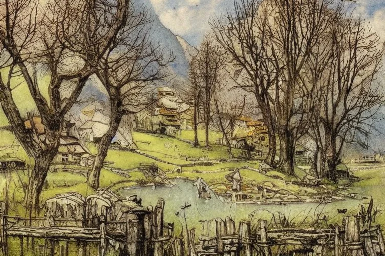 Spring in Switzerland elegant extremely detailed fantasy intricate 8k very attractive beautiful high definition crisp quality colourful Jean-Baptiste Monge bernard buffet