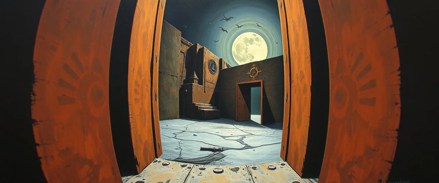 master oil painting by Escher and Giger, sodom in the style of Fallout 4, pinhole cam pic, dimensional door, tear