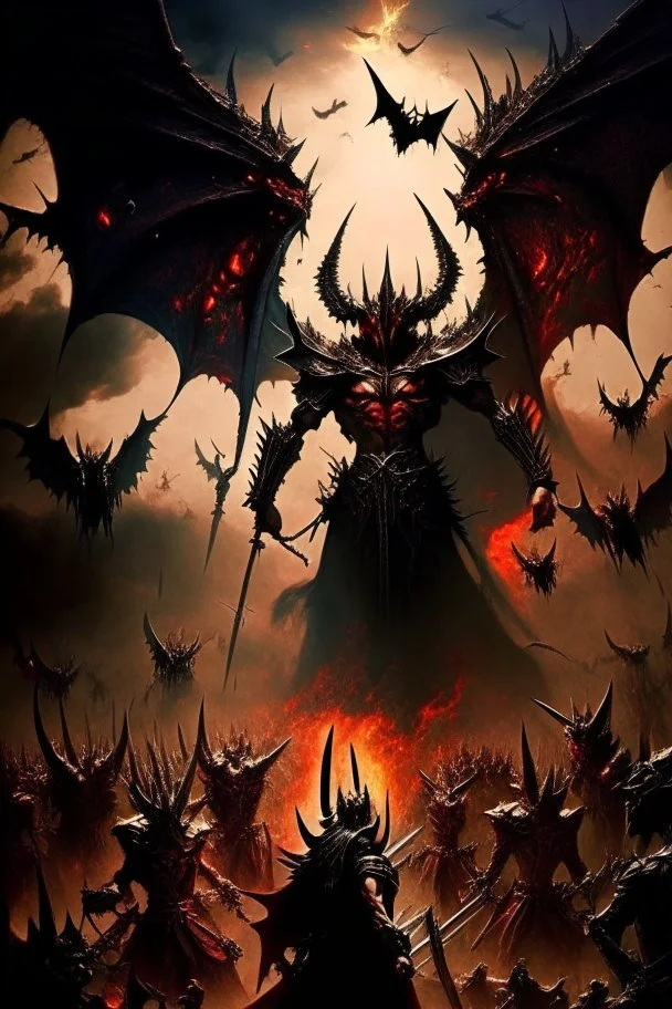 The war of angels and demons in heaven Sauron, the lord of darkness, with the devil and his army, in the land of destruction At war with humans