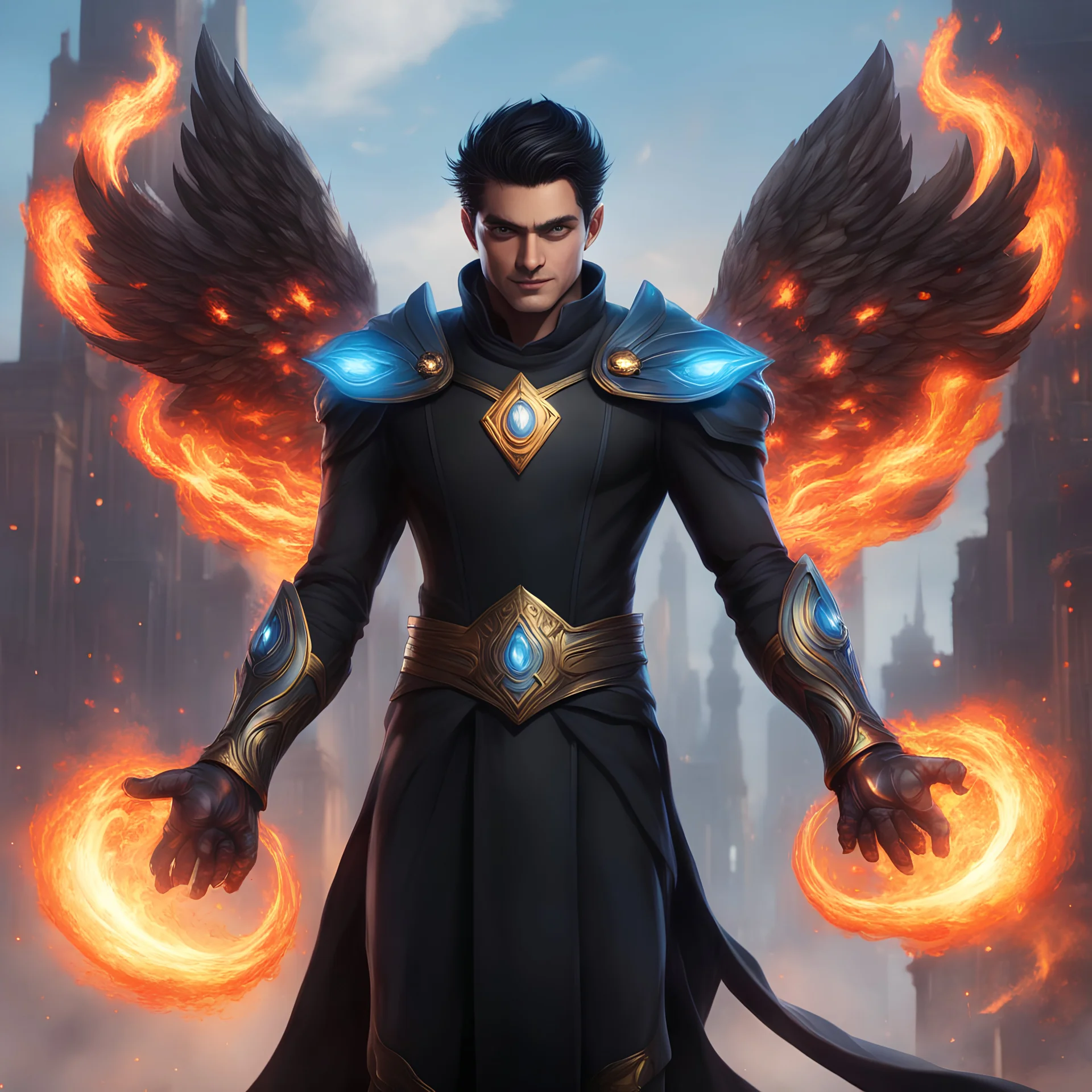 A 25 years boy persian in matte black robes with flaming eyes with grin with flaming light blue pupils stands atop a squire Two infinity gauntlets contain six infinity stones, one of which is made with nano In the hands of a powerful man walking While standing on a majestic height from afar With two big wings