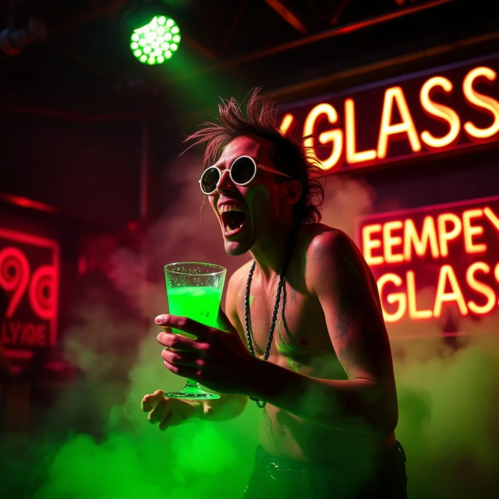 An "EMPTY GLASS" performing at dance club, his name is "EMPTY GLASS" and looks crazy, and green slime on stage, Neon lights and smog, "EMPTY GLASS" SIGN ON WALL