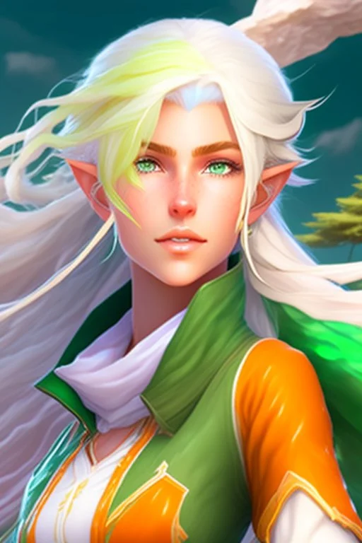 fantasy setting, woman ranger traveler with orange and white hair, pastel green eyes, kind, soft facial traits