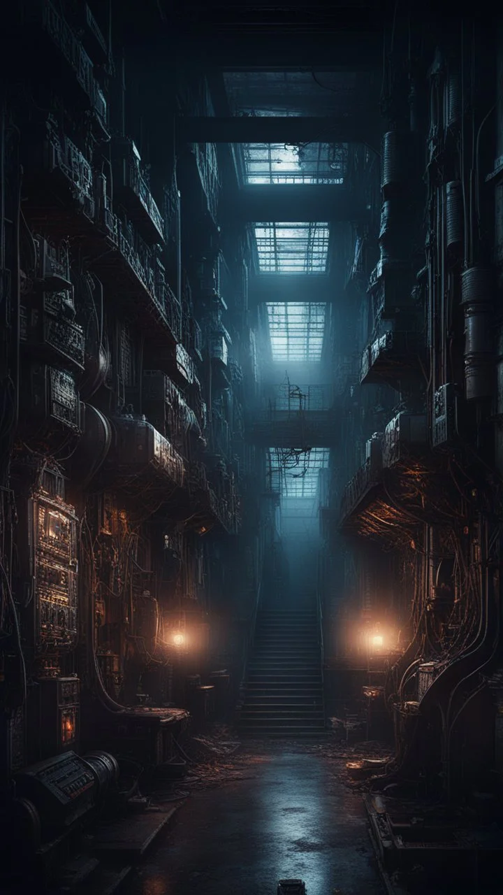 Si-Fi, Dr. Moreau atmospheric lighting effects, intricate industrial details, moody atmosphere, eerie grimdark ambiance, complex motherboard accents, speculative fiction art. Bokeh