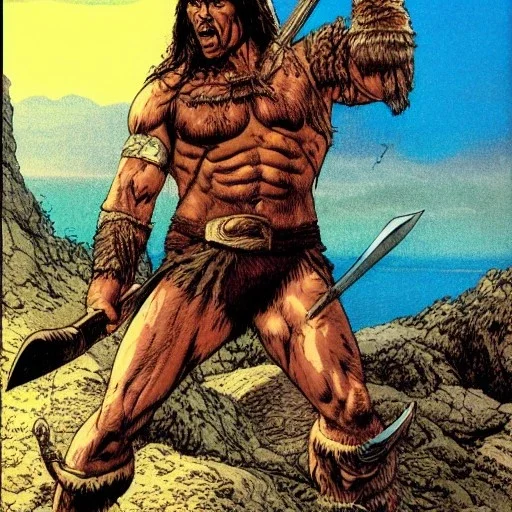 [Conan the Barbarian] holing an ((axe)) and standing on a cliff by the sea where monsters fight by Barry Windsor-Smith, Richard Corben, extremely detailed face, full-body