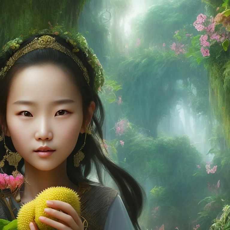 bust of chinese girl hobbit, smiling, happy, symmetrical eyes, soft light, durian, bananas, insects, lamp, soft light, RTX, style Léon Frédéric