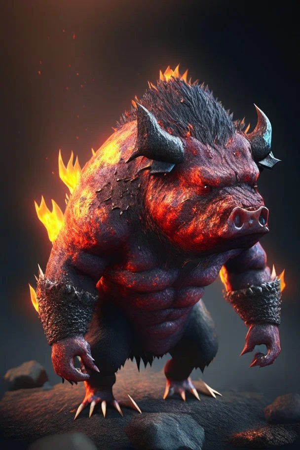 Lava boar humanoid fused , 8k, highly detailed, small minutiae, tiny features, hires, 8k, uhd, realistic shaded volumetric lighting, volumetric, color scheme, toned colors, colorful