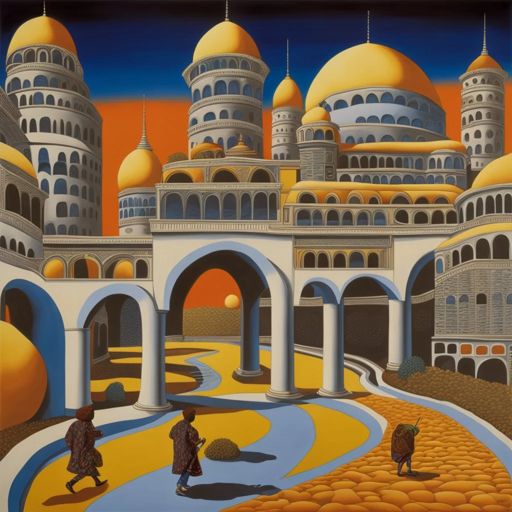 art by "Yinka Shonibare", painting, landscape , Feigned The City with arches and domes, at Dawn, Illustration, Hopeless, 70s Science Fiction, Provia, overly complex style