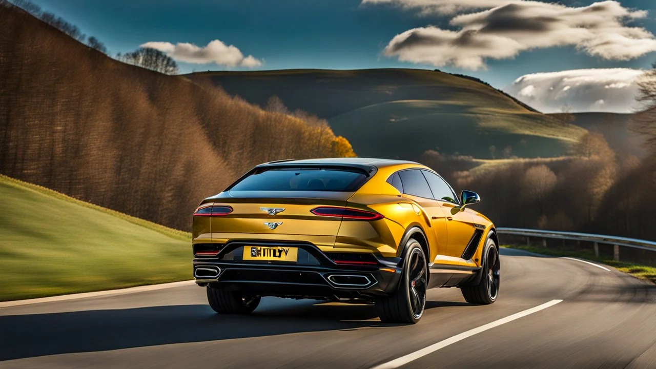 A sleek rear view of (((a cross of bentley and lamborghini urus))), on street, with hill and trees around, a beautiful clouds and sunny weather