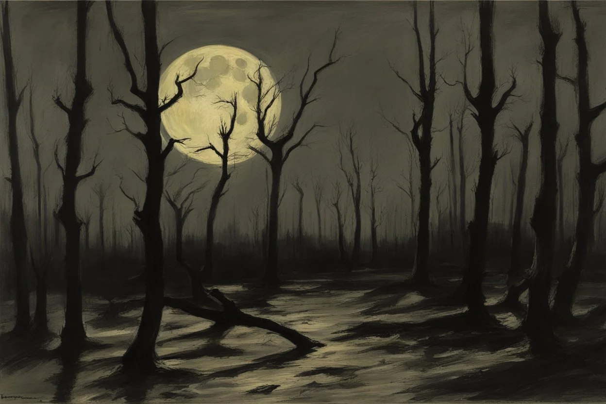 dry trees, night, moon, dark gothic horror movies influence, disturbing, bernard van beek and alfred munnings impressionism paintings