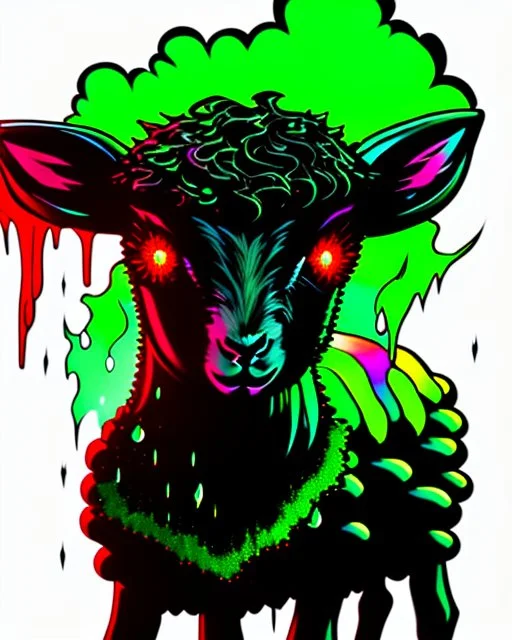 Comic book art style black lamb with red eyes, contrasting green meadow, cartoonist, digital portrait, dark fantasy, black iridescent skin, holographic, shiny, PVC texture, wet look, anime, gothic