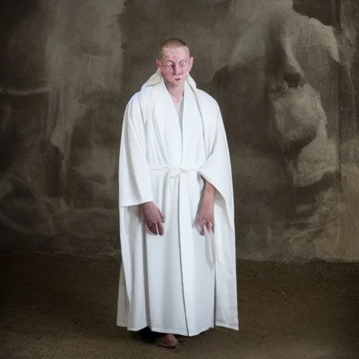 Pale white man with two faces in white robes