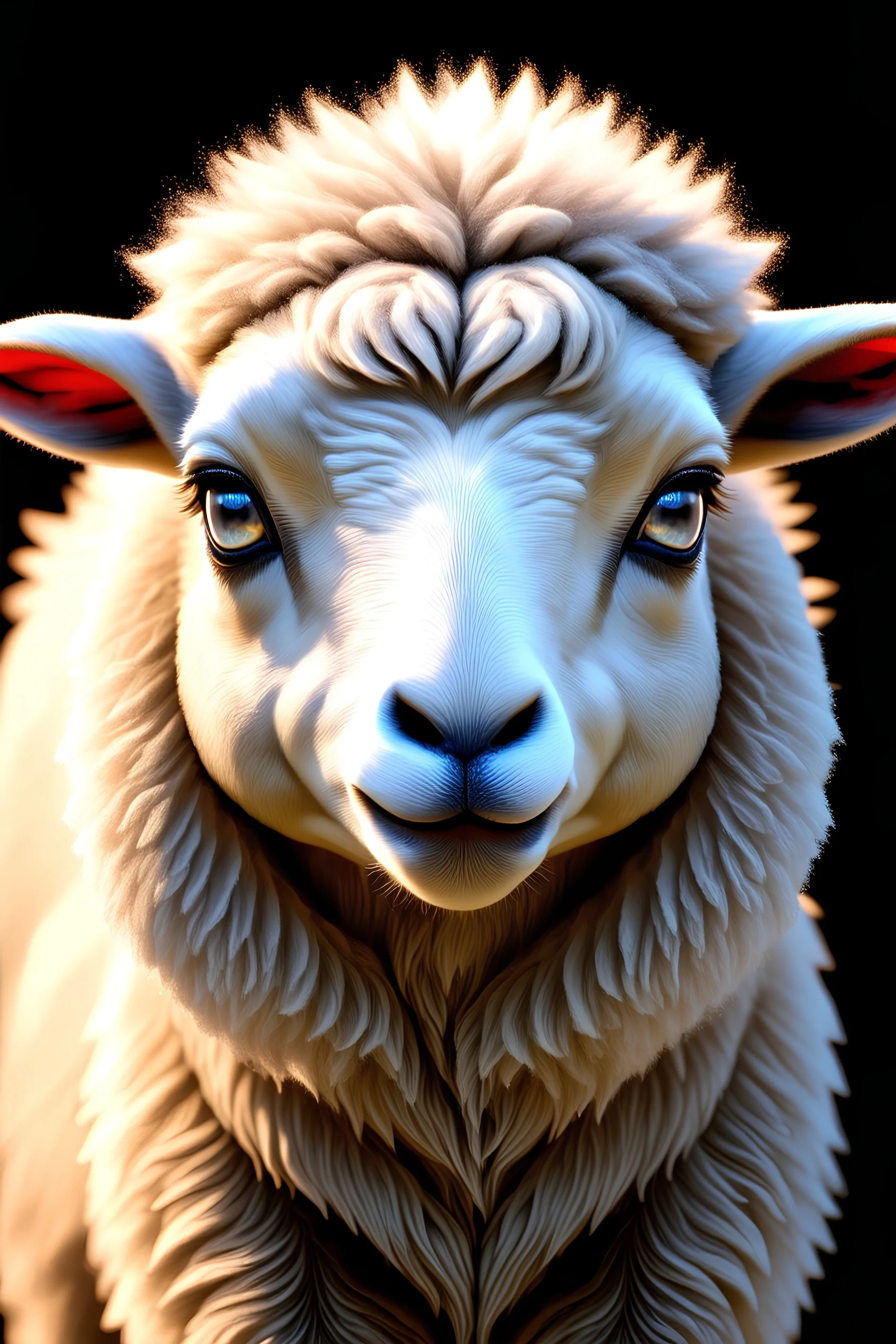 A young beautiful and powerful Lamb with radiant and starry and confident ice-blue eyes, fluffy hair, symmetrical face, ultra-realistic, detailed, radiant background light