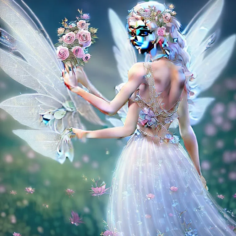 cute fantasy fairy with transparent wings, smiling, blue eyes, make up, long platinum blond hair with crown and flowers, pink dress, unreal engine