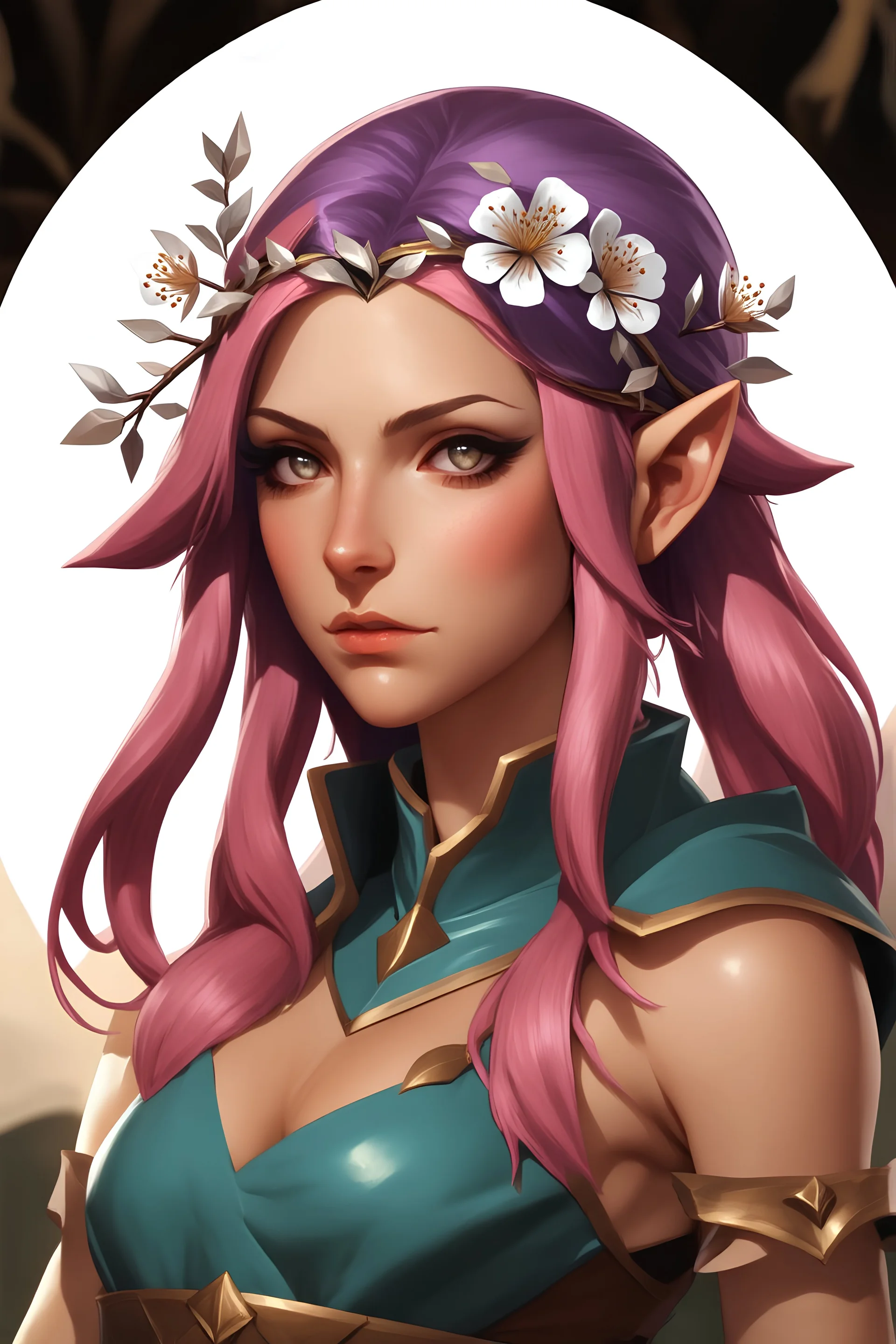 Generate a dungeons and dragons character portrait of the face of a female Summer Eladrin. She is a circle of the ranger. Her hair is purple-pink and voluminous. Her skin is a soft yellow. Her eyes are like new flowers. She wears a dainty circlet made of silver coated branches with flowers.