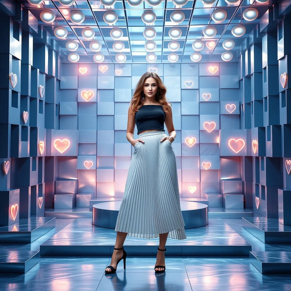 make a picture pretty stage made of metallic blue-gray teme 3d recursive cubic and sphere and heart simbol lights s base structures and a beautiful fashion model lady standing with cute in scene with sexy top and pretty pleated midi skirt ,makeup curvy long hair,dynamic camera zoom to full body and pan, dynamic lights.