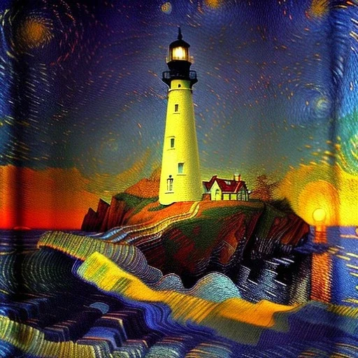 Fantasy, light house, Rocks, lighting, surreal, waves crashing below, 8k, sunset, sketch by Van Gogh in oil