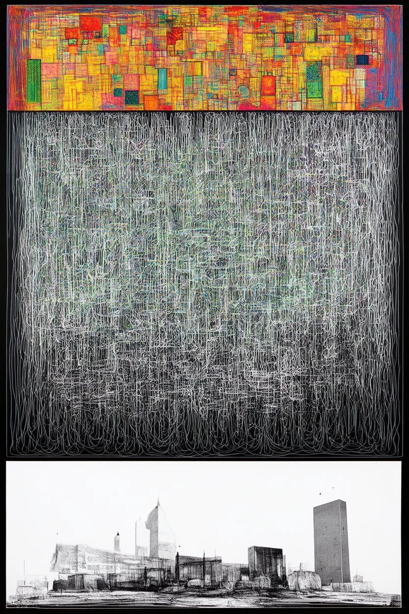 Sound is liquid architecture. Architecture is frozen sound; surreal artwork with colorful elements in the style of Paul Klee above and black and white elements in the style of Andre Breton below