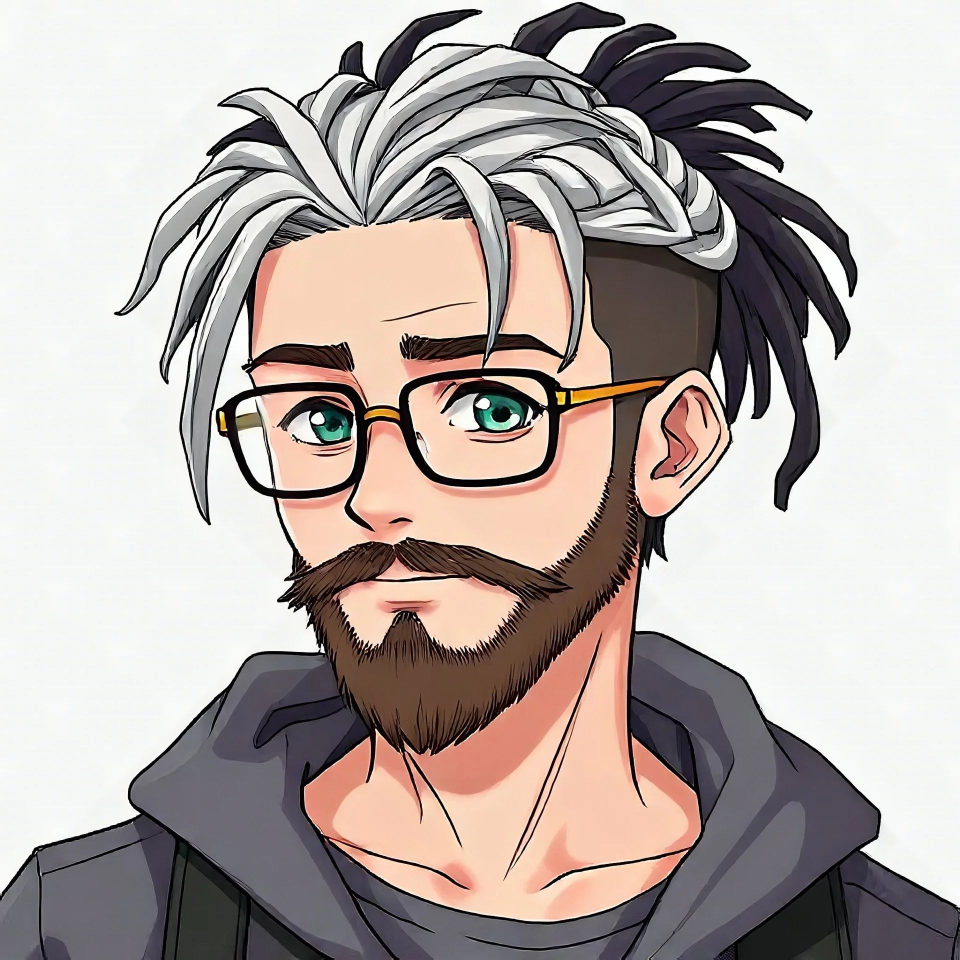 white teen boy with dreadlocks, beard and glasses in anime style