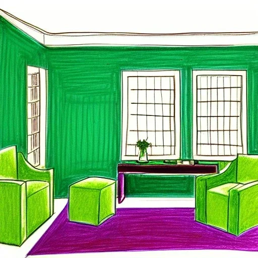 A living room with armchair and fancy stools. green color pencil draft