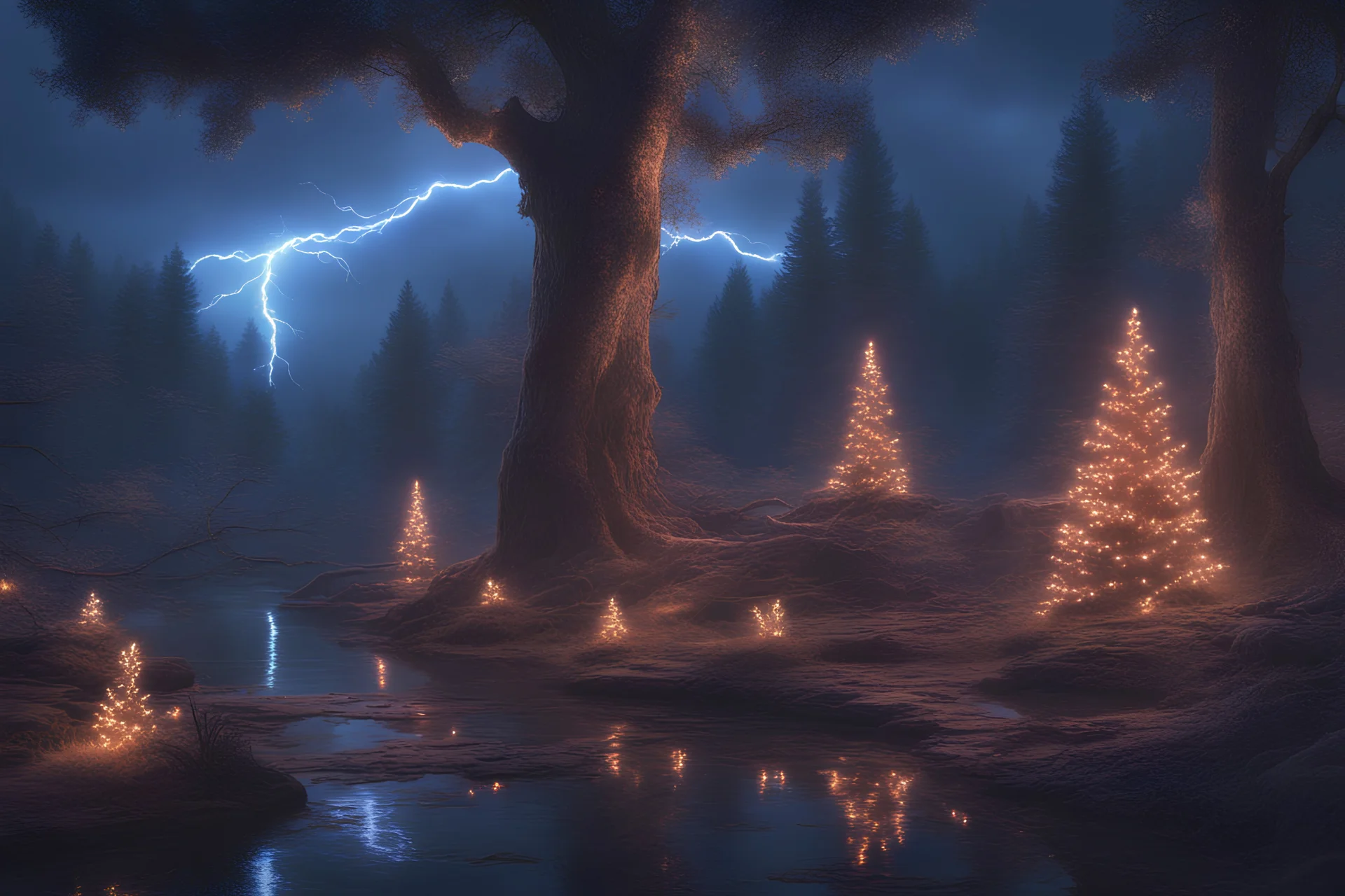 lightning sparkling christmas lights in forest, on lakeside in sunshine detailed matte painting, deep color, fantastical, intricate detail, splash screen, complementary colors, fantasy concept art, 8k resolution trending on Artstation Unreal Engine 5