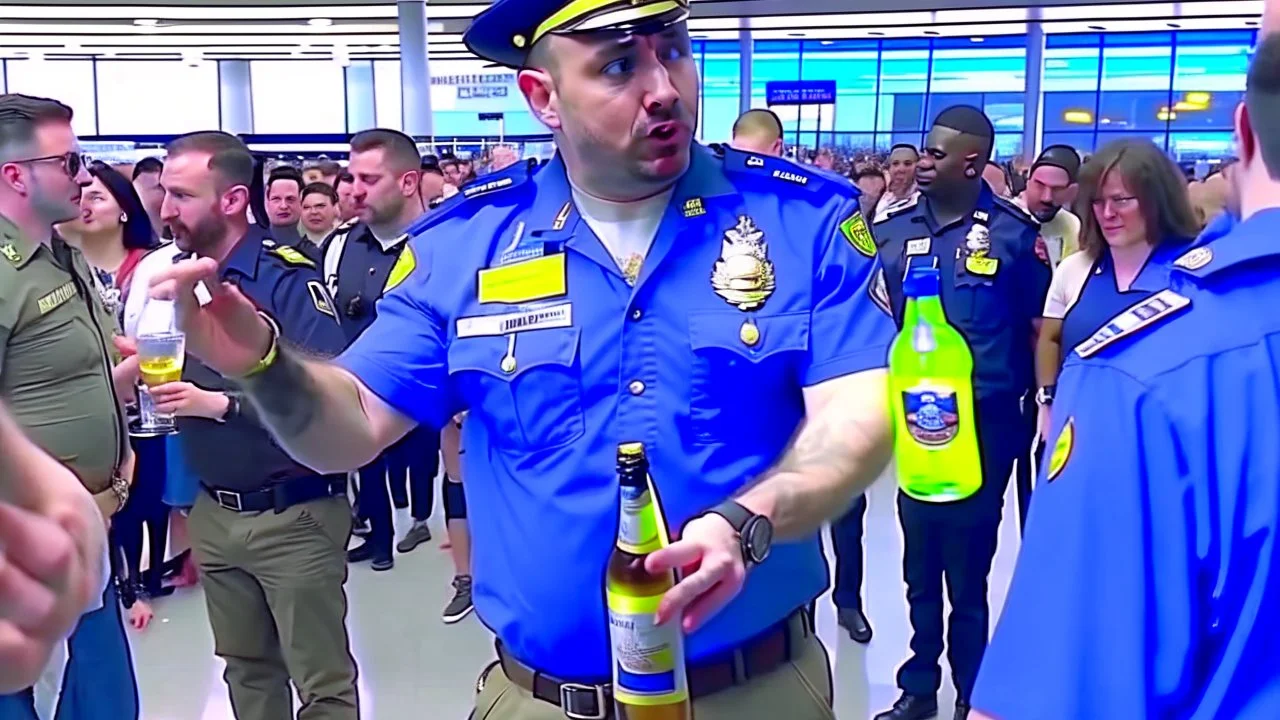 drunk pilot holding bottle of liquor gets confronted by crowd of travelers at airport