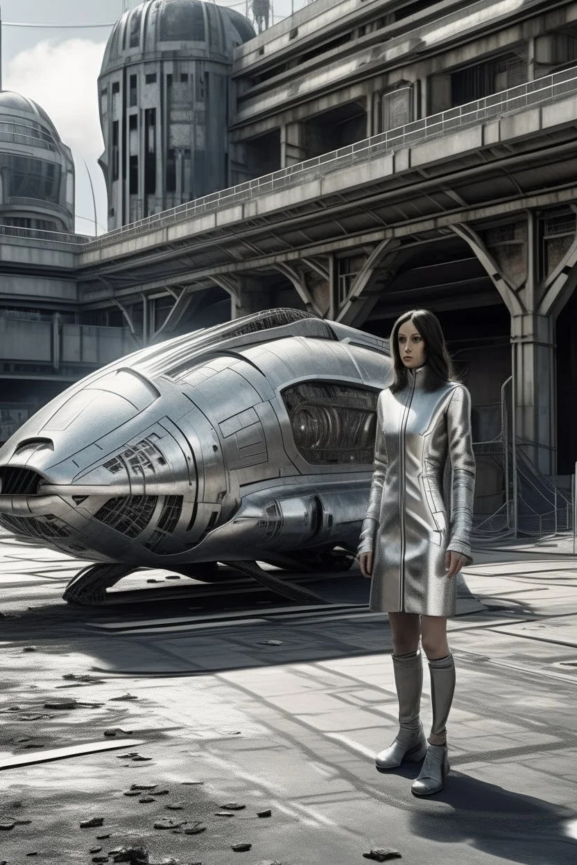 a photorealistic sleek, long, silver spaceship sitting in the street of a dystopian futuristic ruined alien city, with a woman in a silver suit, standing in front