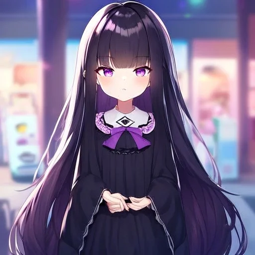 Clear Focus, High resolution, loli girl wearing a school unform, black long fluffy hair, purple eyes, blocky eyes