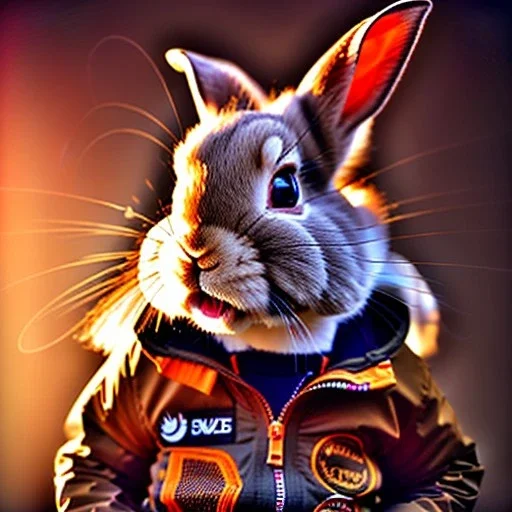 Rabbit toddler, smile, steampunk headphone, sunglass, gangsta neckless, full body, orange puffer jacket, tokio background, dramatic lighting, hyper realistic, unreal engine 5, 16k