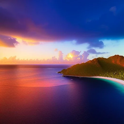 Anse Source d'Argent, Seychelles,palm trees, high resolution, realistic, beautiful, volumetric lighting, colorful,warm colours, masterpiece, crystalline,dawn,cloudy, detailed, aerial view, 8K, intricate details, cyberpunk, cosmic