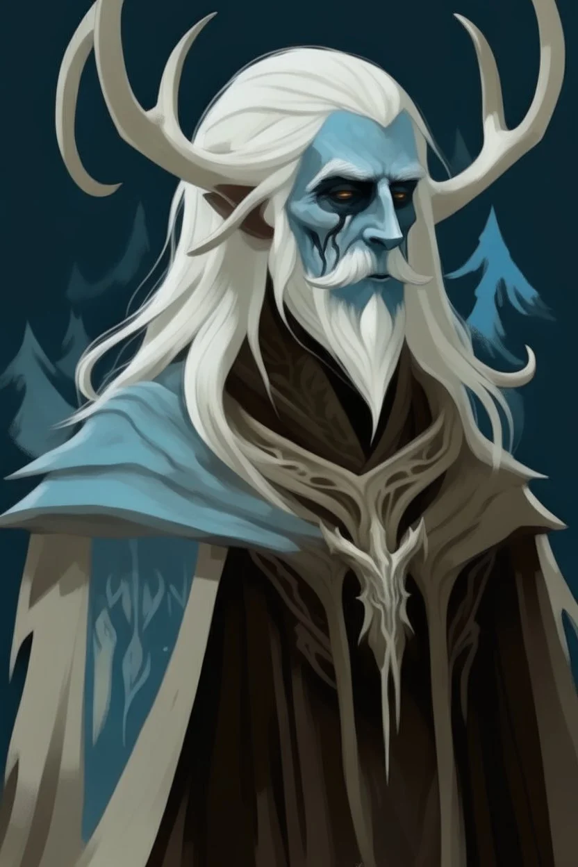 white blue hair winter cold sad frozen Eladrin Male icicle antlers beard druid