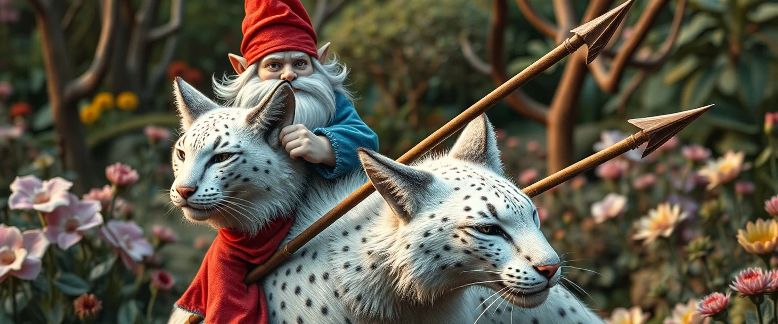 close up portrait of blue and red clothed gnome riding white furred lynx cat with lances in garden of eden in the style of Escher and Giger