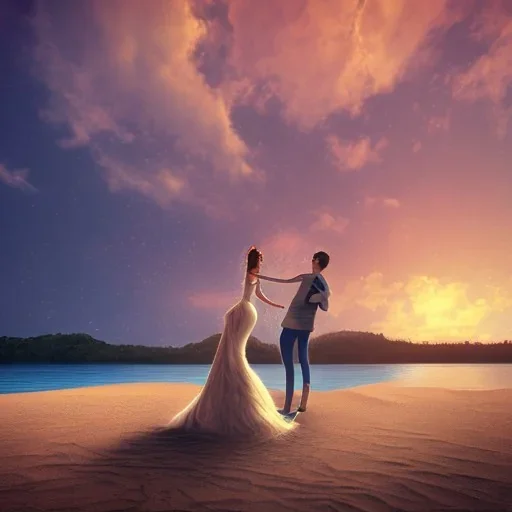 2 lovers last kiss in sand island with tent and river background