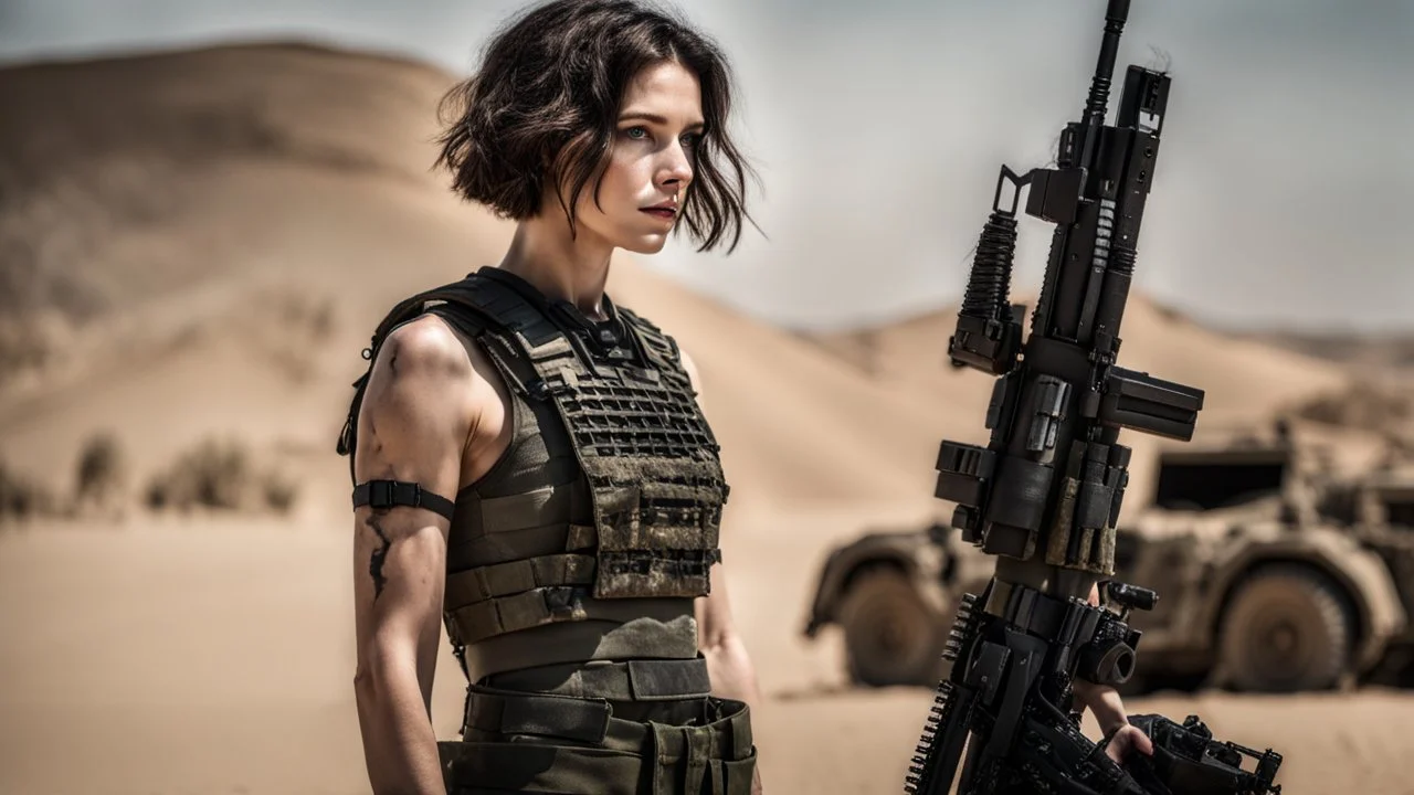 beautiful caucasian female soldier, black metal body and limbs, visible cybernetic limbs, scratched sand camo metal details, short brunette wavy bob haircut, dystopian, desert scene