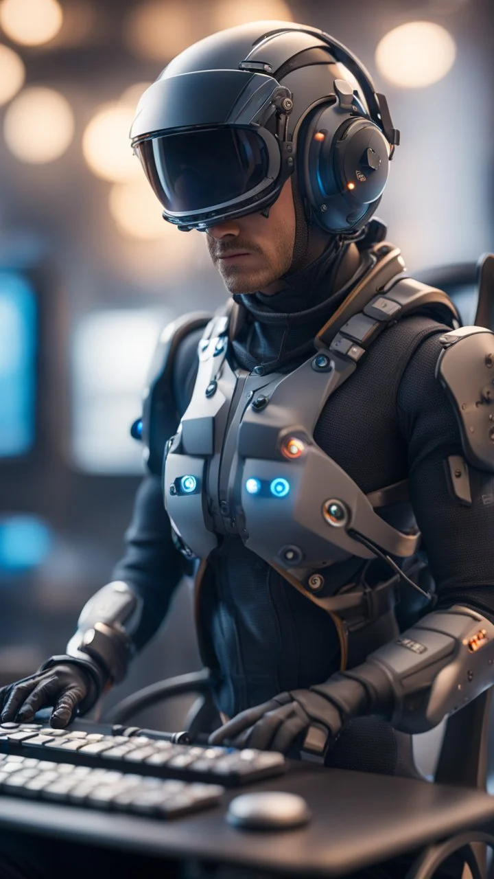 head set helmet rig with chair and with keyboard body suit attached ,bokeh like f/0.8, tilt-shift lens 8k, high detail, smooth render, down-light, unreal engine, prize winning