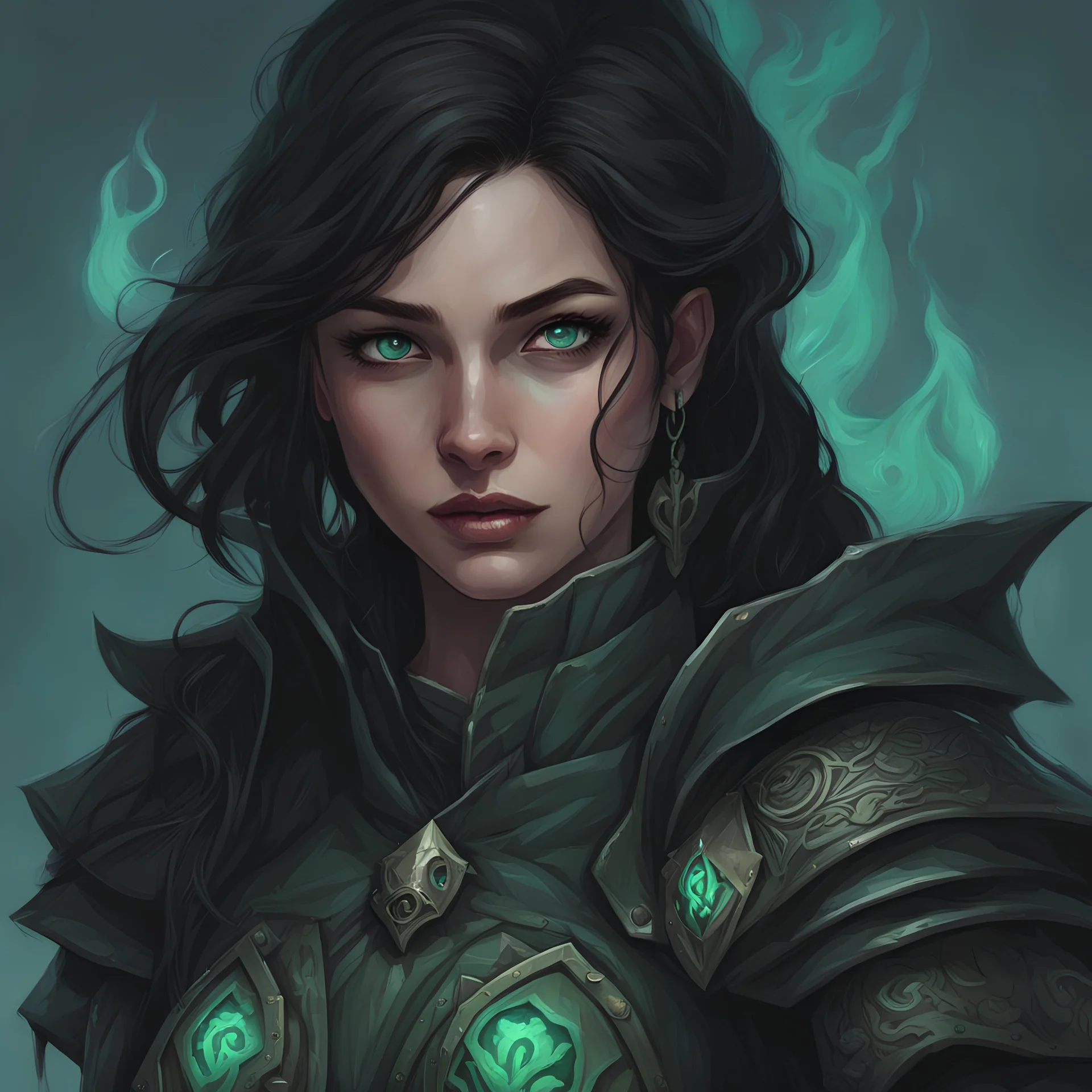 dungeons & dragons; portrait; digital art; teenager; female; cute; pretty; black hair; side braid; sea green eyes; soft details; soft light; detailed; warlock; the fathomless; sea travel clothing; leather armor; cloak; dark clothes; cthulhu guardian