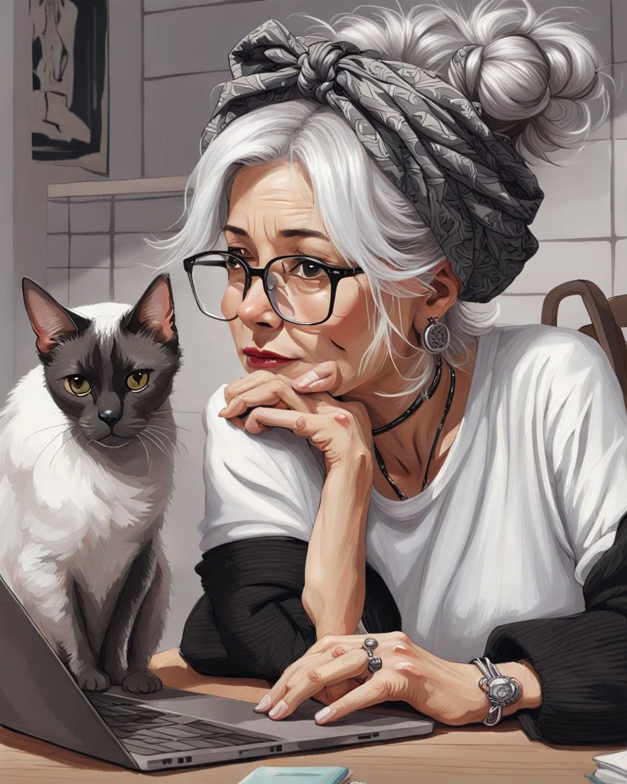 Whimscal a middel-aged women with silver hair in a little messy bun and black and white bandana with knot and glasses, wearing white tshirt and an unbuttoned black sweater, she sits on a chair behind a table where she has her laptop, She leans her chin in her hand and looks into her laptop, her Oriental shorthair Siamese cat put her paws on the tabletop, bg a kitchen, wet oil sketch on canvas.