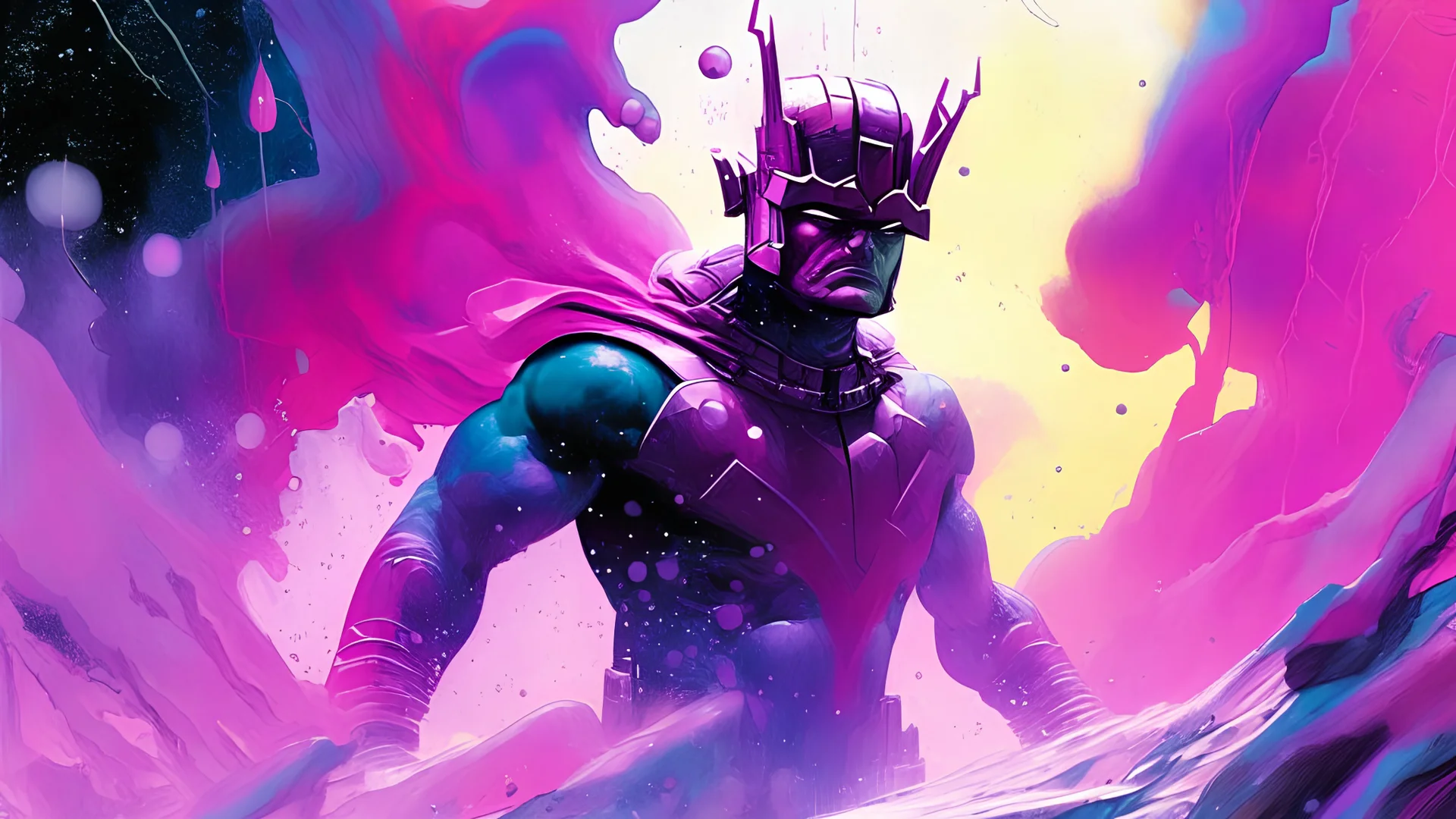 Marvel's Galactus, bewildered exploring as he is wading through a colorful mist