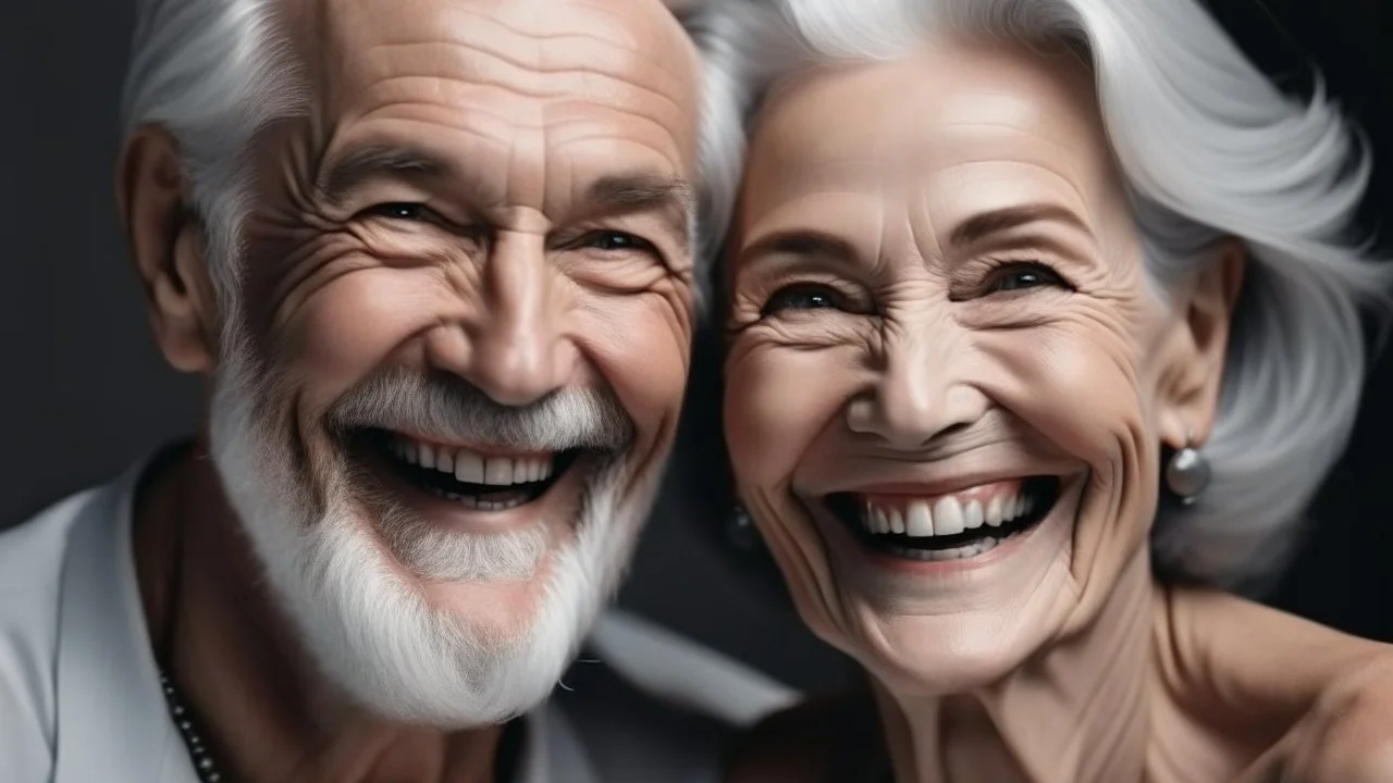 Beautiful gorgeous 50s mid age elderly senior model couple with grey hair laughing and smiling. Mature old man and woman close up portrait. Healthy face skin care beauty, skincare cosmetics, dental