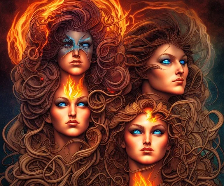 Four doll divine representing each one the four elements: Fire: Earth: Air: Water. Mark Brooks and Dan Mumford, comic book art. Detailed photograph. Insanely intricate face, hair soft. Fantasy art album cover HD resolution