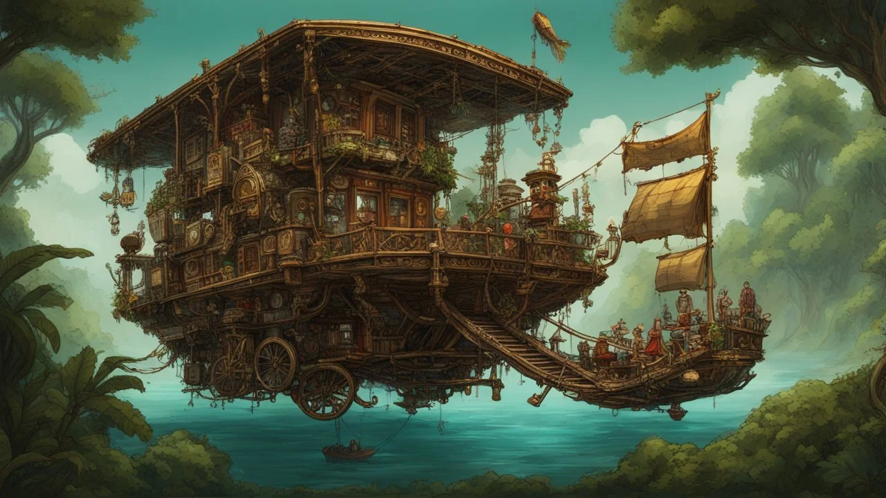 steampunk gipsy caravan crossed with a boat flying high over a jungle with platforms, verandas, and people, intricate