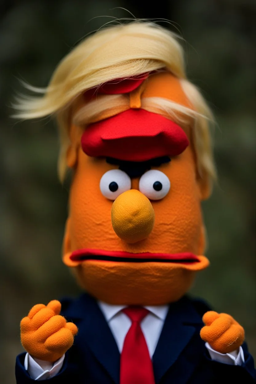 a Film Photograph of a realistic angry orange Donald J. Trump Muppet made of felt and wearing a dark blue suit and red tie and with blonde hair combover, he is old and angry with a small round mouth