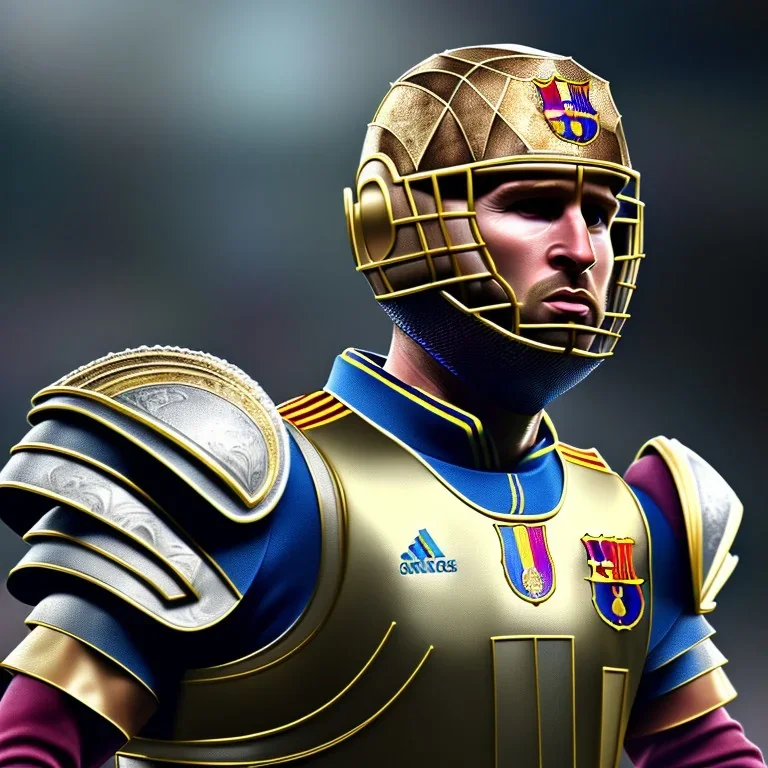 lionel Messi dress armor, in stadium, highly realistic, highly detailed, 8k, intricate