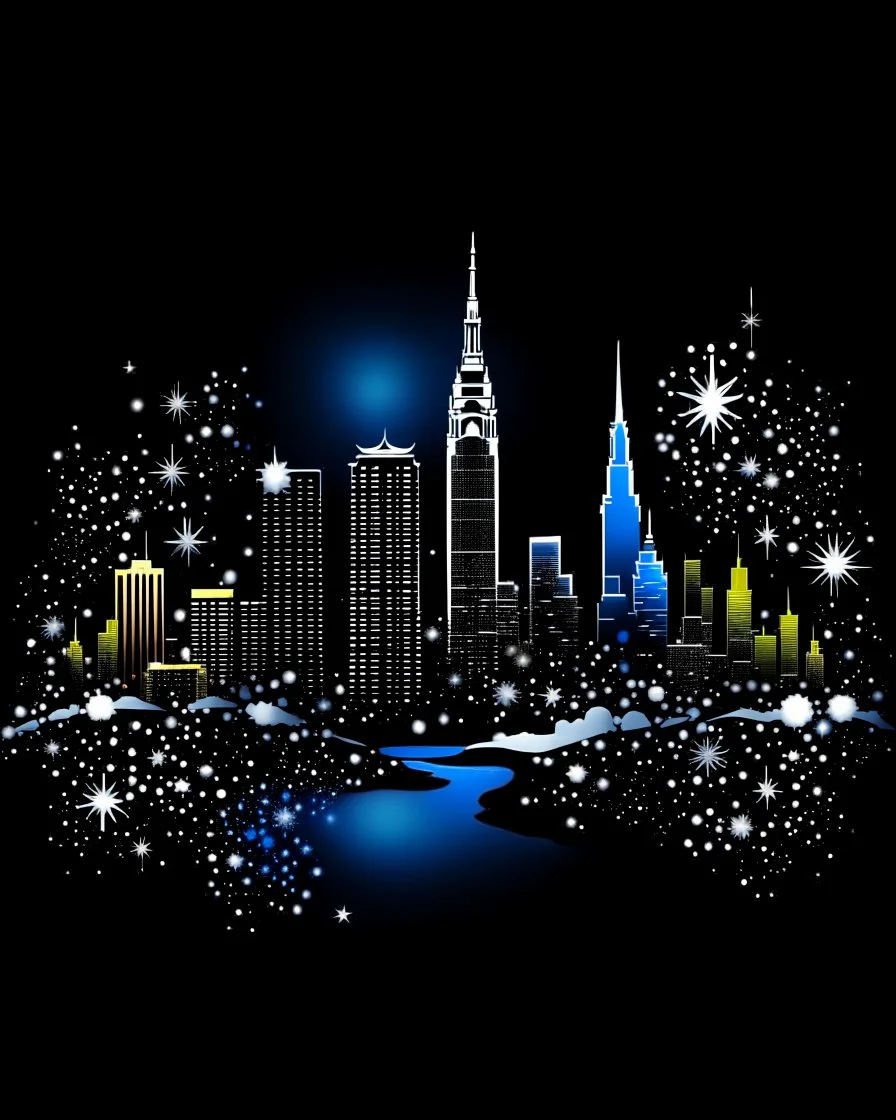 A outline of the State of Illinois against a dark snowy background with snowflakes falling down.. In the center of the state is a image representing the skyline of Chicago at Christmas with its beautiful buildings and architecture. The rest of the area inside the outline is softly glowing xmas trees.