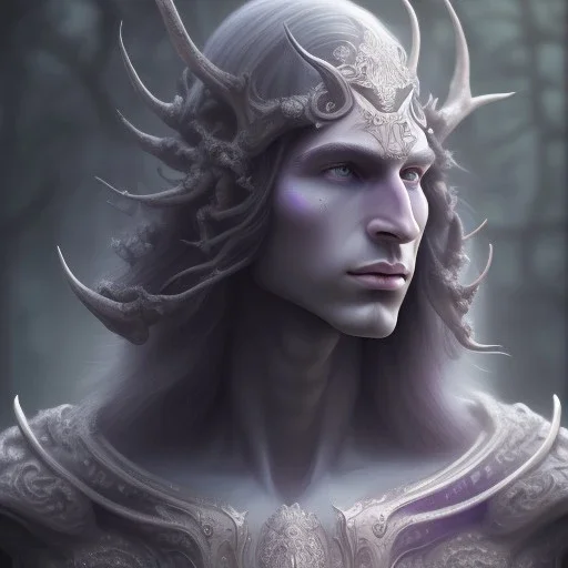 Closeup of a young wizard dark elf in a misty forest, lavender colored eyes, 4k, Highly Detailed, Masterpiece, Pretty but evil Face, perfect eyes, Digital Illustration, Cinematic Lighting, Realistic, Sharp Focus, Centered, Beautifully Lit, Bioluminescent by Stanley Artgerm Lau