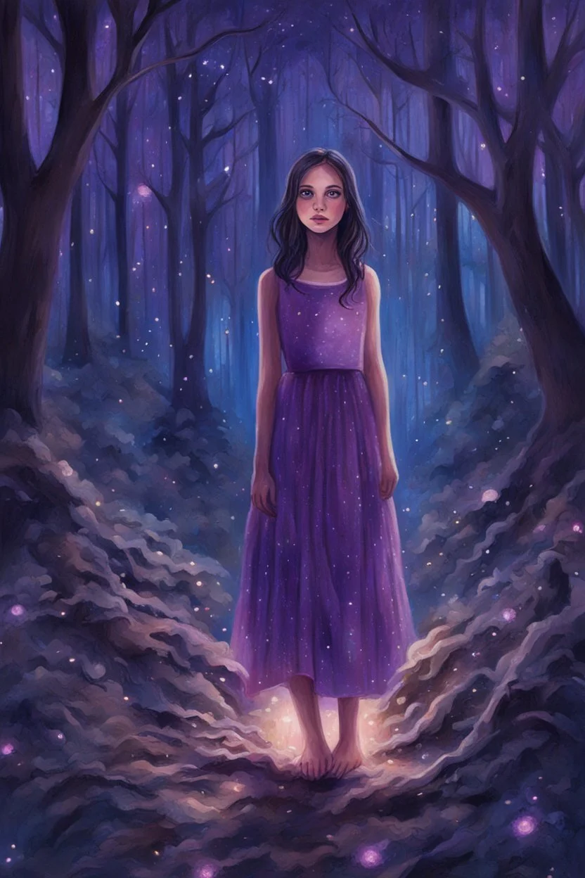 Painting of a girl surrounded by night forest, pretty face, bright purple dress, bright eyes, sparkles